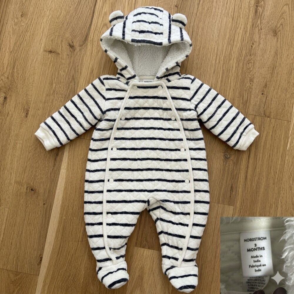 Nordstrom Baby Striped Quilted Footed Pram Bunting Suit 3 Months White EUC